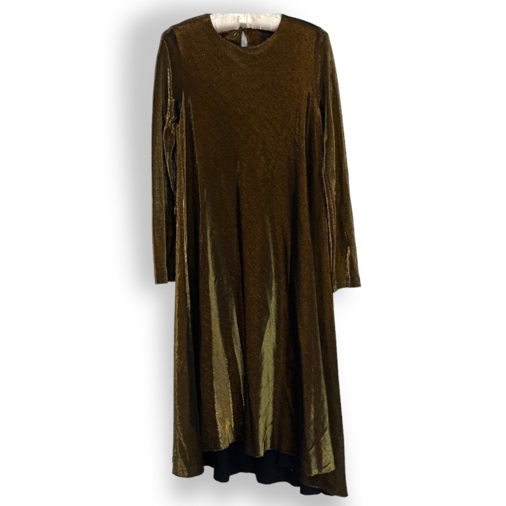 Cadieux Gold Dress Long Sleeve Midi High Low Metallic Shimmer Holiday Party Sz S